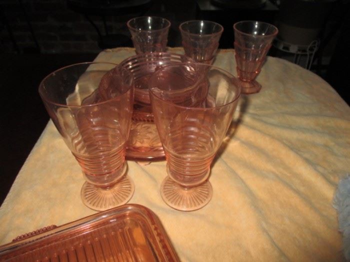 depression glass- rare pink refrigerator dish with lid- ice cube style glasses -daisy cake plate