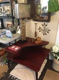 Heywood Wakefield Mahogany Table, Decorator Lamp, Decorator Barn Wood Mirror