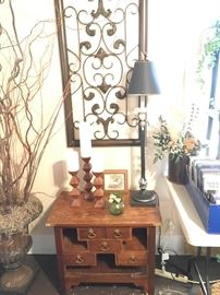 Asian Table w/ Drawers, Wall Hanging, Lamp, Candlestick, 