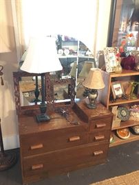 Oak Dresser,  w/ Round Mirror, Lamps