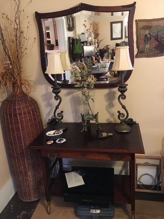 Mahogany Desk/Table, Antique Mirror, Decorator Lamps, Sony CD Player, Large Wicker Vase,