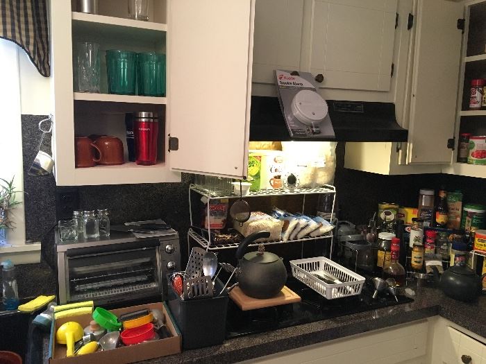 Toaster Oven, Utensils, Glasses, Teapot, 