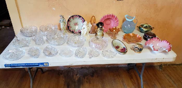 American Brilliant cut glass and other antique plates, bowl, etc.