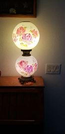 Vintage lamp electrified, both globes light up, very beautiful in person. 