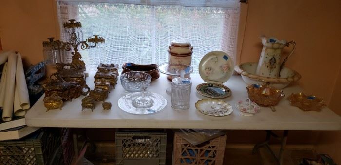 Pitcher and bowl set, carnival glass, pattern glass, vintage metal jewelry boxes, etc.