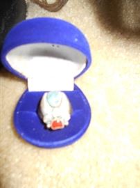 Mens Navajo style sterling, turquoise and coral ring