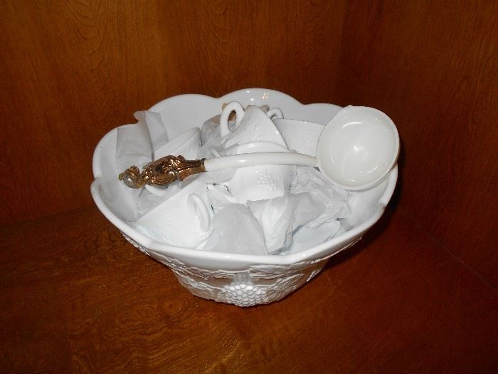 Milk glass punch bowl and 12 cups