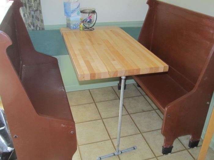 breakfast booth...two wood benches and a butcher block table