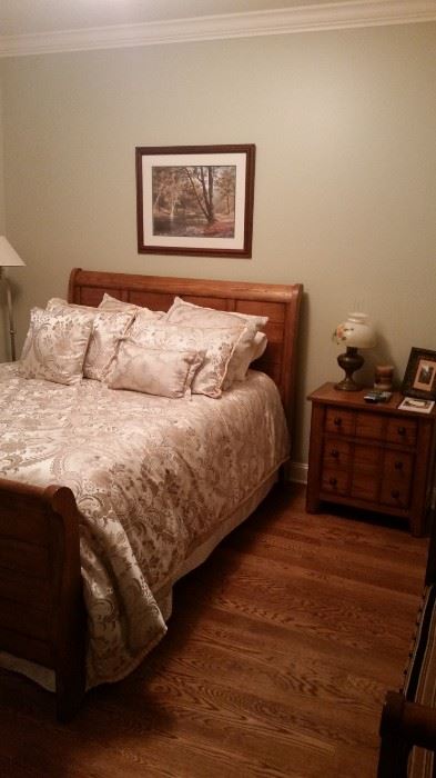 Queen-size headboard, footboard, mattress set, & matching side table, Raymond L. Waites bedding set-SOLD, silver floor lamp