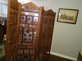 Four Panel Carved Teak Screen