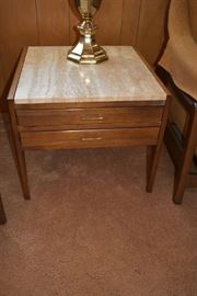 MARBLE/WOOD SIDE TABLE W/DRAWERS