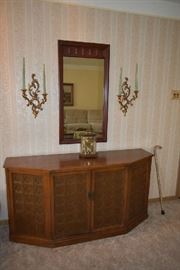 WOOD CABINET, MIRROR, RESIN WALL CANDLE HOLDERS