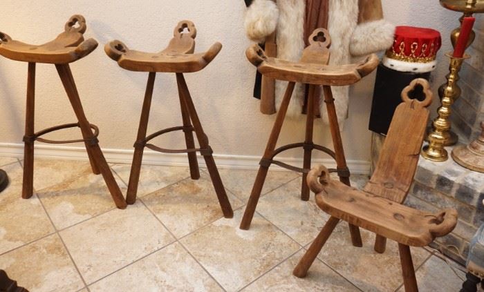 Rustic wood and iron stools and chairs