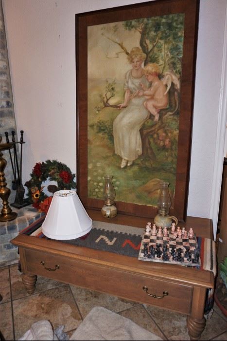 1912 original painting by Esse Forrester, a solid wood coffee table and a marble chess set