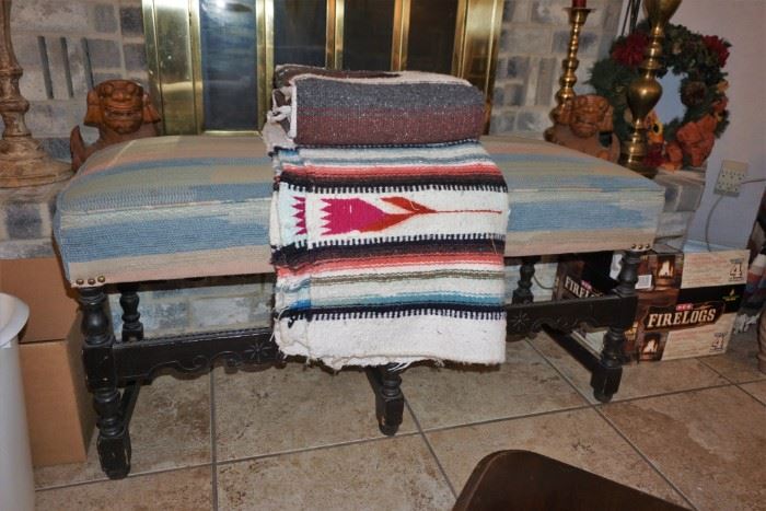 Rustic bench and several blankets