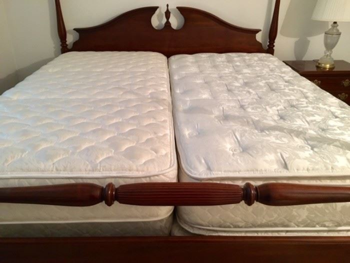 King 4-poster Bed, 2 Twin Restonic Mattress/Spring. Double Pillowtop on the right. 