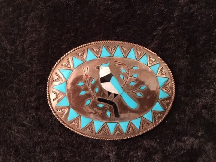 Sterling, Turquoise, Mother-of-Pearl Belt Buckle