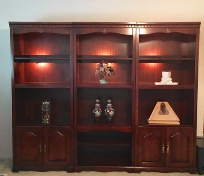 3 Lighted, Dark Wood Bookcases/Display Cases