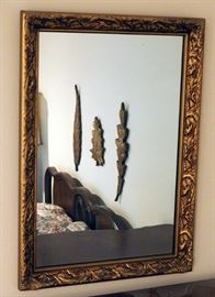 Wood Framed Mirror 27" x 19" With Matching Leaf Wall Hangings, 4 Total Pieces