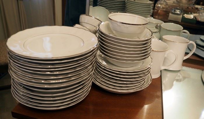 Harmony House Fine China, Silver Sonata 8 Place Setting Including Plates, Saucers, Cups, Platters, Serving Bowls, Creamer & Sugar And More