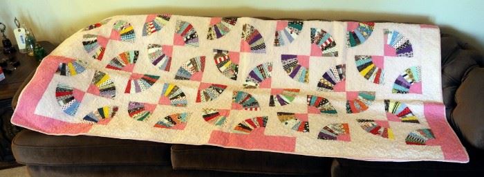 Hand Pieced Machine Stitched Quilt In The Fan Pattern, 72" x 78"