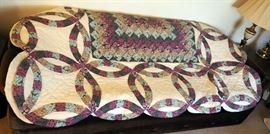 Hand Pieced And Hand Quilted Wedding Ring And Diamond Rectangle Center Quilt, 86" x 85"