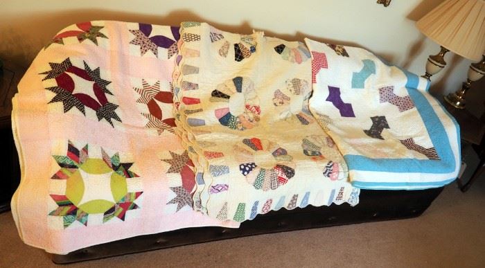 Hand Pieced & Quilted Ring Quilt, 70" x 86", Hand Pieced Machine Stitched Star Burst Quilt, 72" x 86", Hand Pieced & Machine Bow Tie 68" x 80"