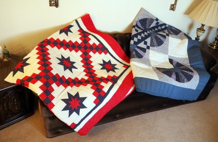 Hand Pieced And Machine Quilted Red, White & Blue Star Quilt 96" x 84" And Hand Pieced And Machine Quilted, Blue Fan Pattern Quilt, 82" x 104", Qty 2