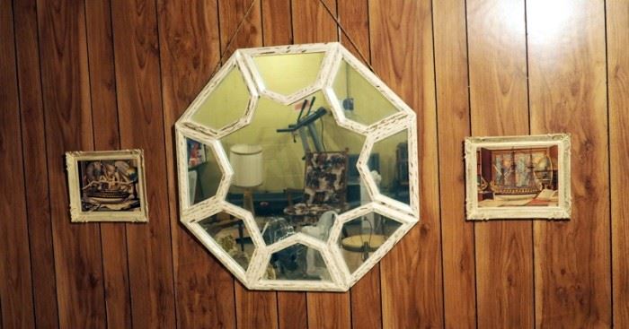 Contemporary Octagonal Mirror 32.5" x 32.5"And Frames Nautical Prints 10" x 12", Qty 2