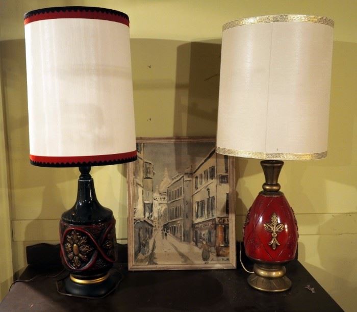 Vintage Ceramic Painted Table Lamps, 36" Tall And Framed Print Qty. 3