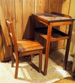Antique Solid Wood Student Desk 27.5" x 18.5" x 13.5" And Matching Chair