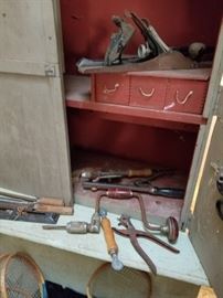 Great woodworking cabinet with lots of vintage goodies