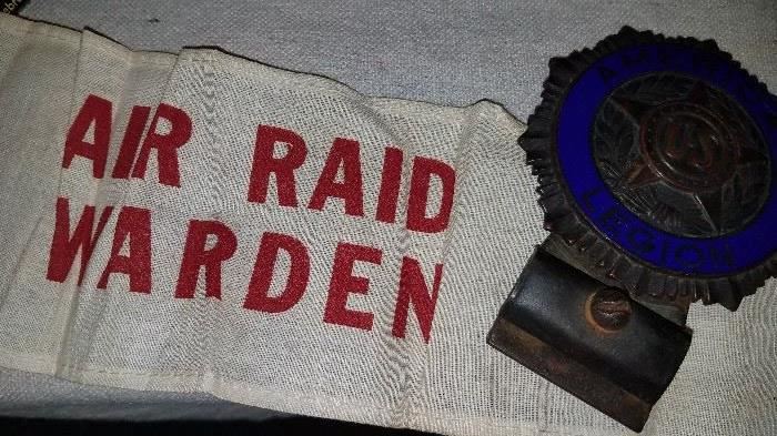 Air Raid Warden arm band and American Legion badge
