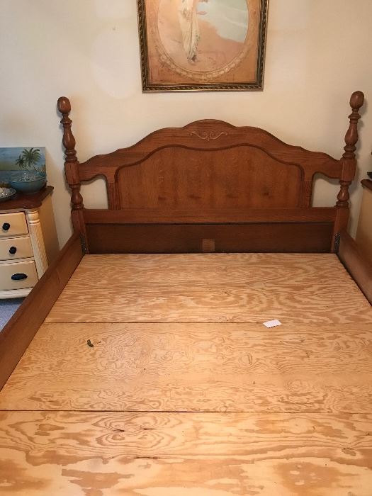 California King waterbed frame & headboard on pedestal with storage 
