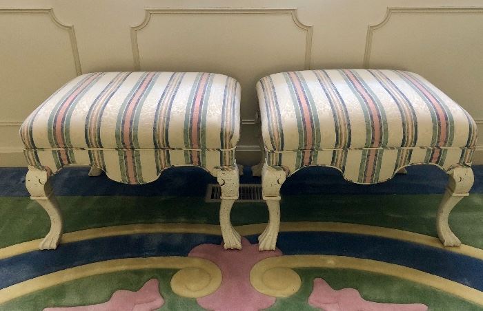 Matching striped Ottomans with cabriole legs