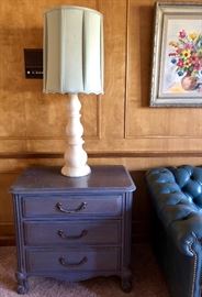 Pair of lovely, heavy marble lamps… Elegant cream color shades. In this picture we also have Pennsylvania House furniture in the same dusty blue as the Chesterfield.