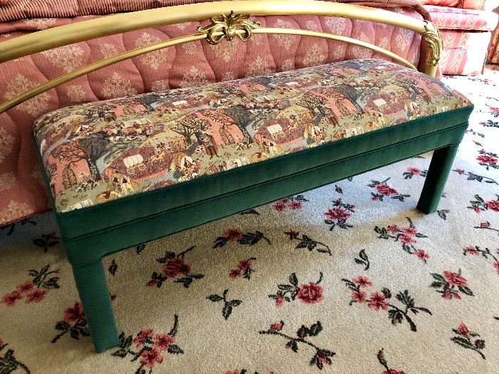 Upholstered bench for foot of your bed; green velvet and tapestry