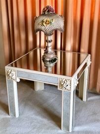 Small square side table with mirror top and intricate very detailed Italian Capodimonte Lamp, basketweave shade made in Italy