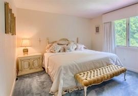 French provincial headboard, nightstand, and lovely velvet upholstered bench seat