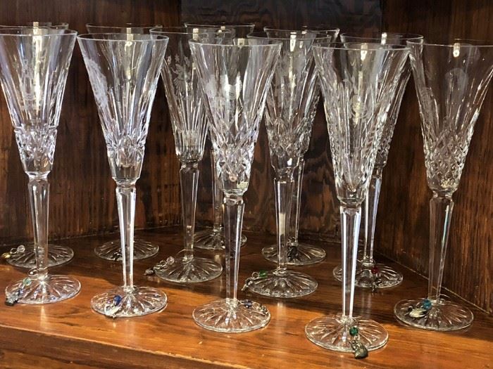 Complete Set Waterford Lismore Crystal 12 Days of Christmas Champagne Flutes