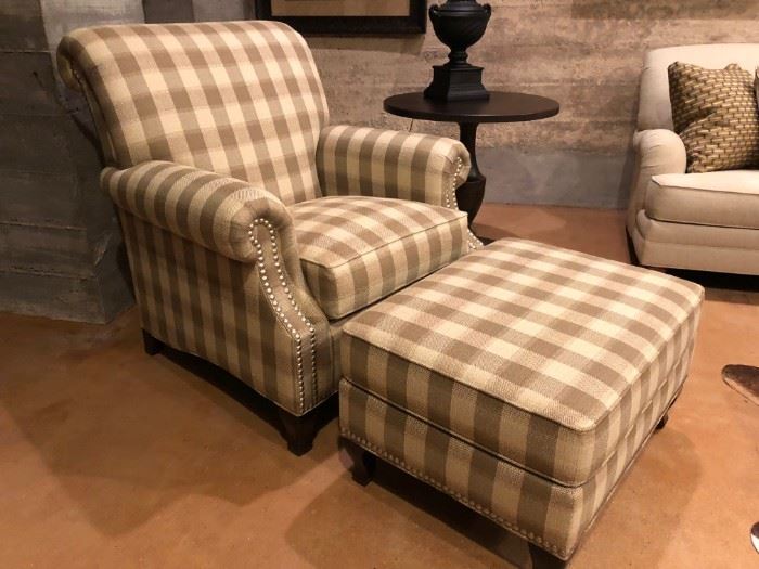 Ethan Allen Plaid Upholstered Club Chair and Ottoman