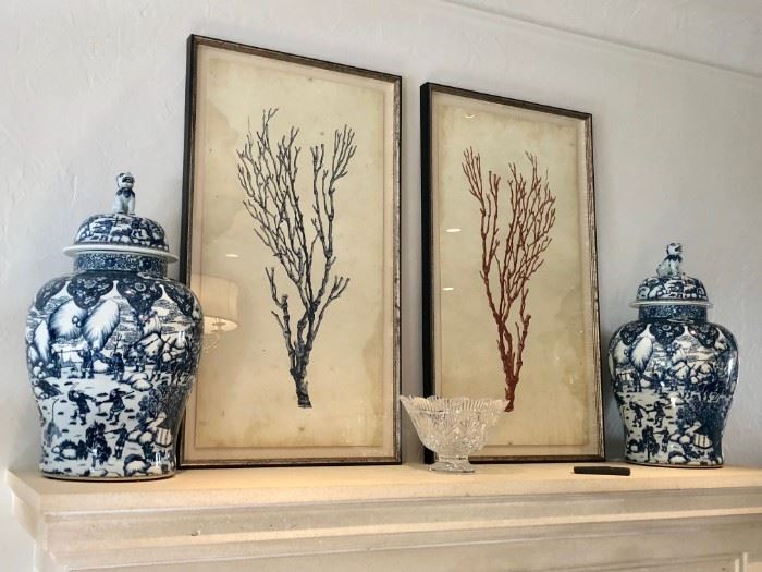 Ethan Allen Reproduction Antique Coral Specimen Prints and Pair of Chinese Porcelain Foo Dog Temple Jars