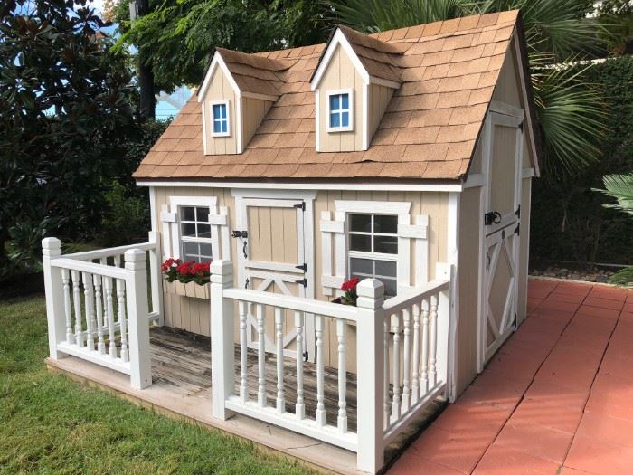 Little Cottage Painted Playhouse with Picket Fence