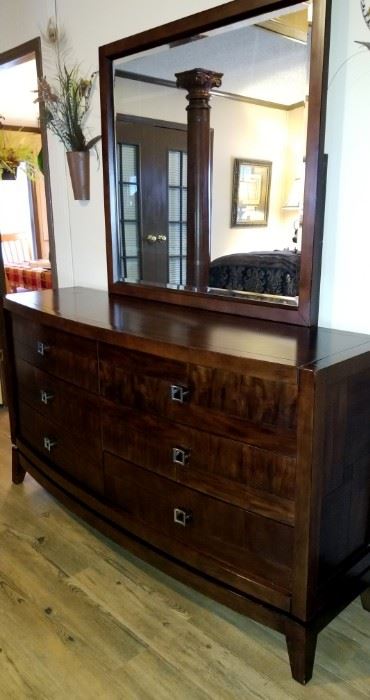 Beautiful Dark Wood Long Chest of Drawers w/ Large Beveled Mirror - $299