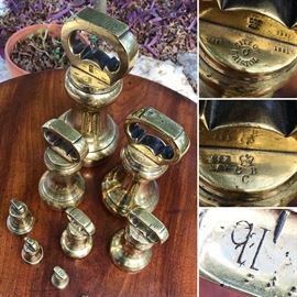 Rare 19th Century antique brass bell shaped weights from England. Marked with the "City of Bristol" stamp, and it has verification marks including a stylized crown over V.R. (Victoria Rex). This is a set of 9 weights, to include the hard-to-find 14 lb weight. Estate sale price for the set is $950.