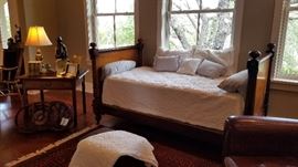 This Antique twin bed (s) with matching headboard and footboard can be used as a single sleigh bed or can be assembled  as two matching twin beds.  Includes 2 mattresses, 2 box springs and 2 adjustable steel  frames.  Made of solid hard wood with dark stain finish. $300