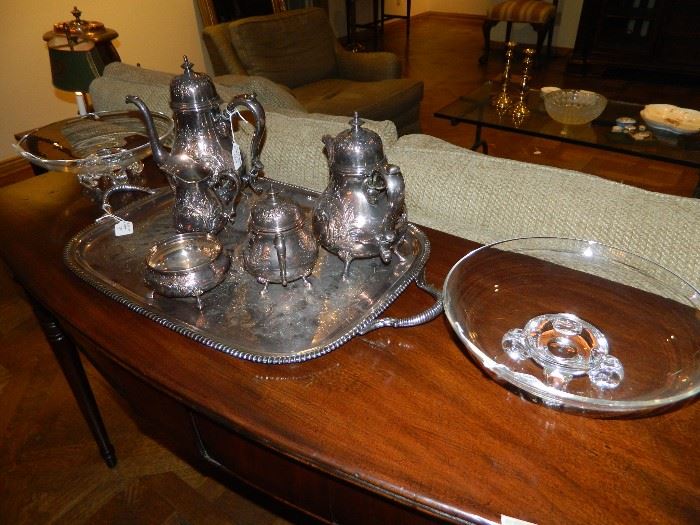 Silver plated tea service and pair of STEUBEN footed bowls.  One is 11"diameter, the other 10.5".