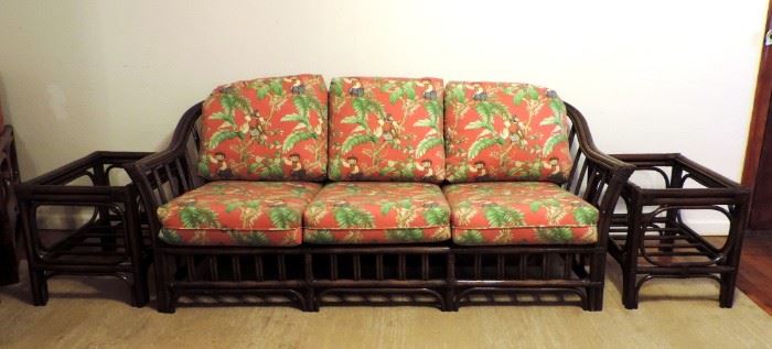 RATTAN SOFA AND END TABLES