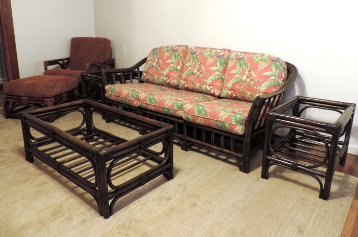 RATTAN SOFA, PAIR OF END TABLES, COFFEE TABLE & ARM CHAIR WITH OTTOMAN (GLASS TABLE TOPS INCLUDED)