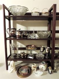 CRYSTAL BOWLS, SILVER PLATE TEA SET & GLASSWARE